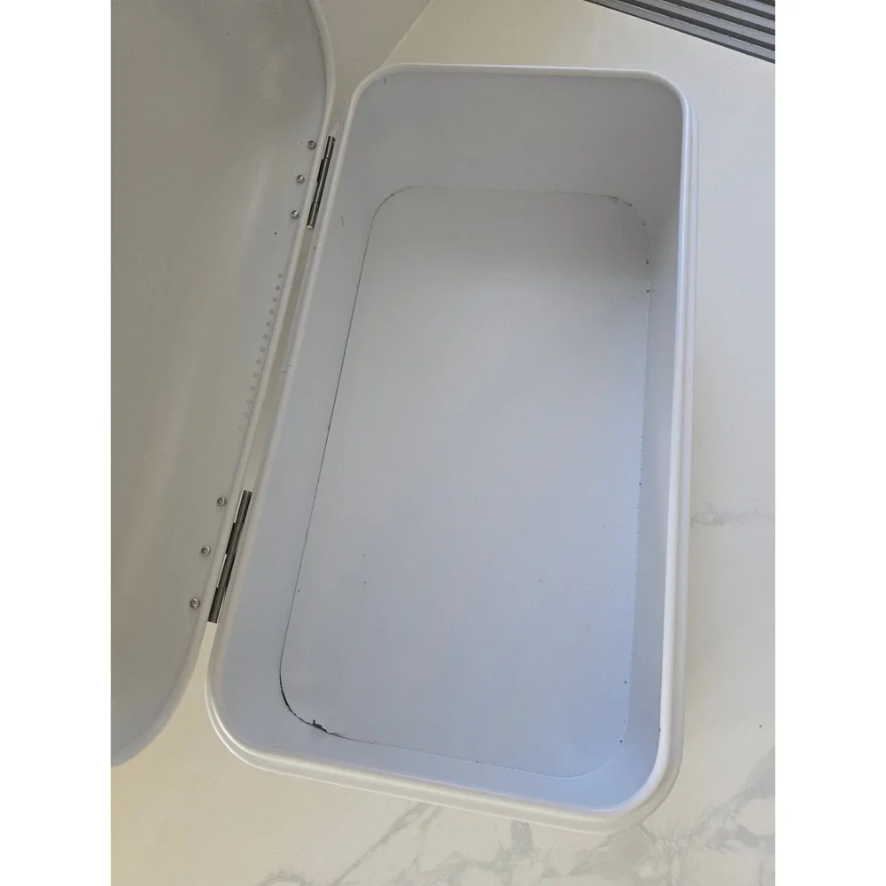 White Metal Bread Box Retro Countertop Storage Bin‎ with Hinged Lid and Stripes